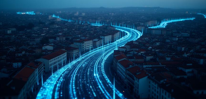 Città italiana vista dall’alto con linee digitali simulate