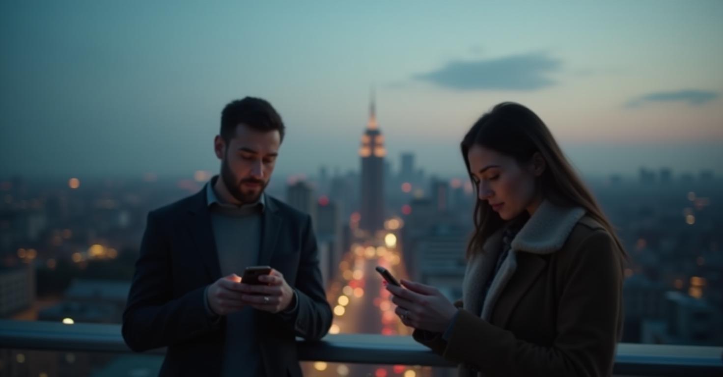 Uomo e donna che utilizzano smartphone con skyline di Milano sullo sfondo